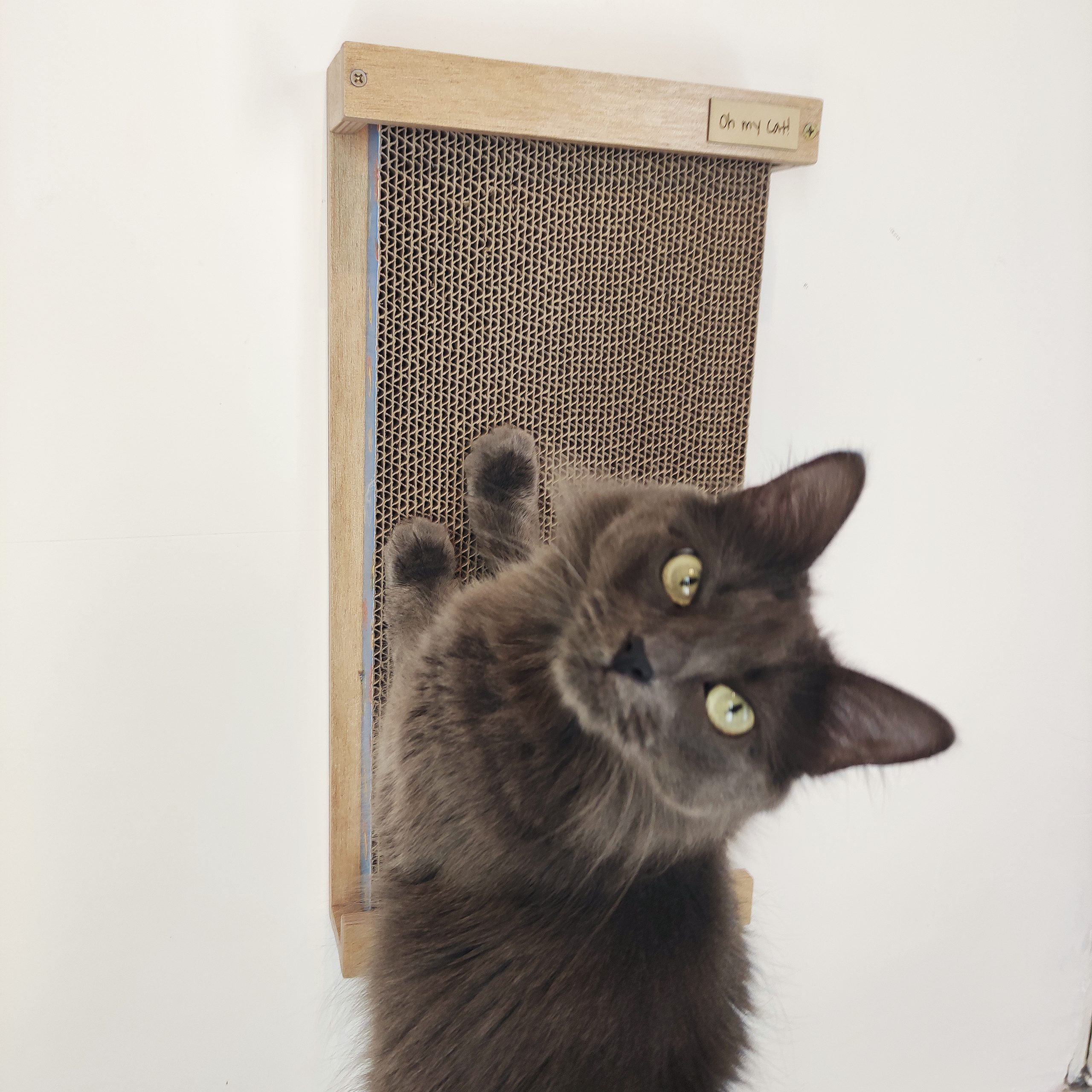 Rascador de cartón con soporte de madera